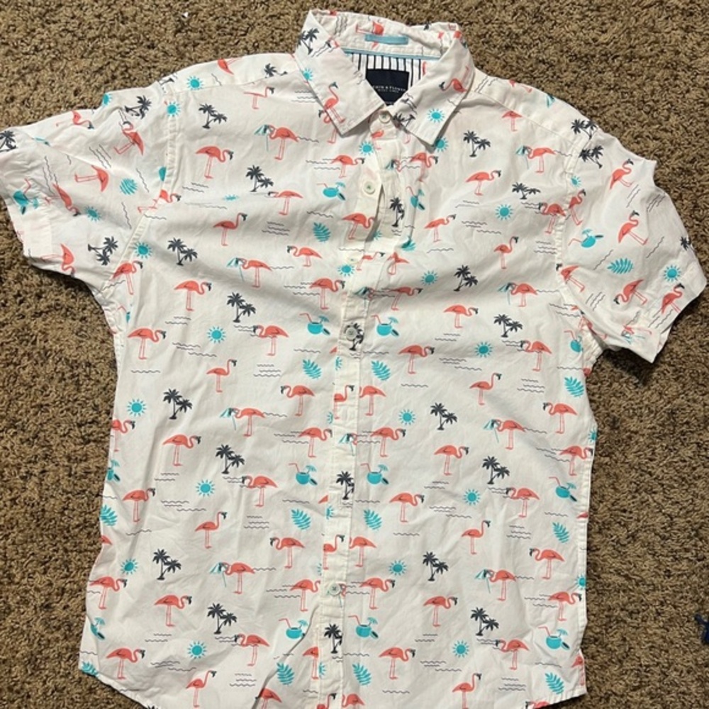 Men’s White flamingo Hawaiian button up